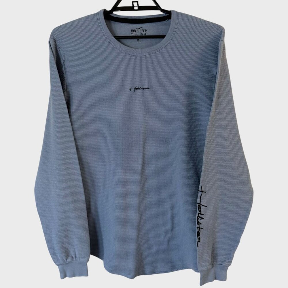 Hollister Heavyweight Waffle-Knit Shirt Blue Men's XL Box Logo Long-Sleeve RARE